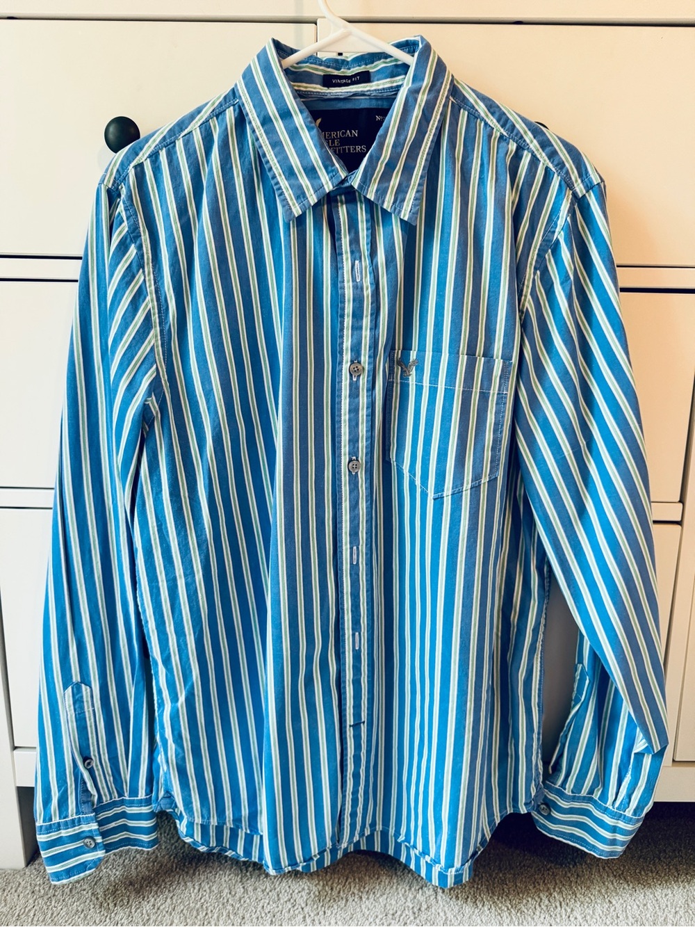 American Eagle Outfitters Blue and White Striped Long-Sleeve Button-Down Shirt